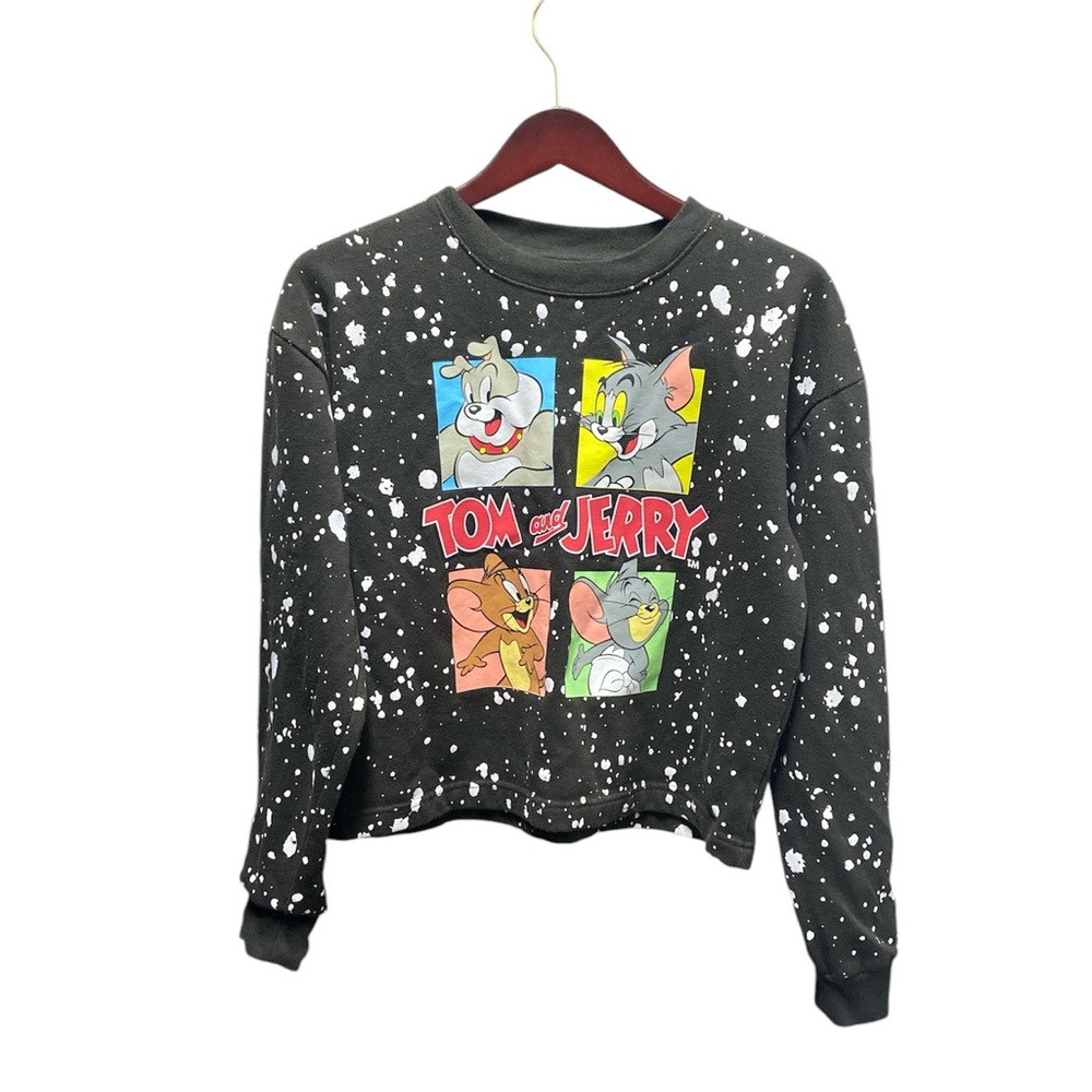 Tom and Jerry Sweatshirt Juniors Black Cotton Blend Graphic Splatter